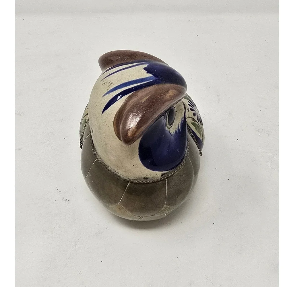 Vtg‎ Tonala brass and pottery owl figurine folk art blue white porcelain MCM